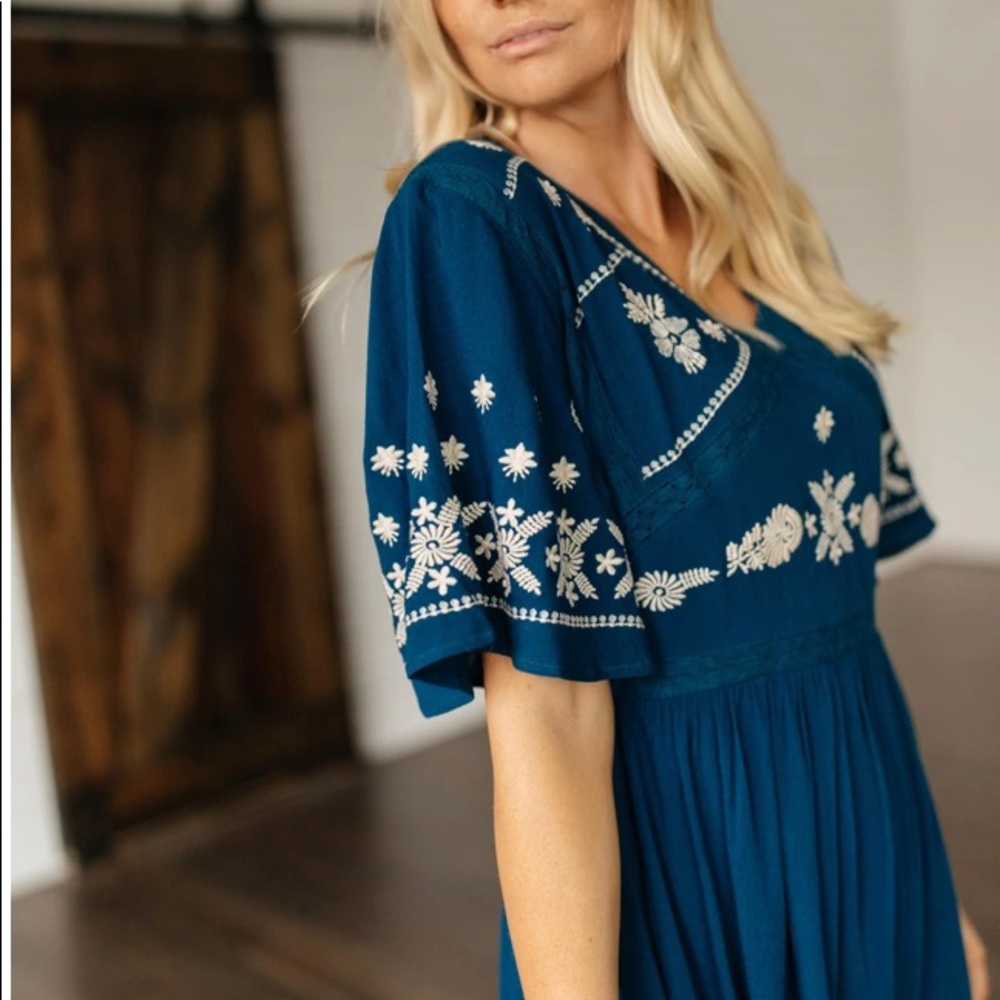 Embroidered Teal Midi Dress